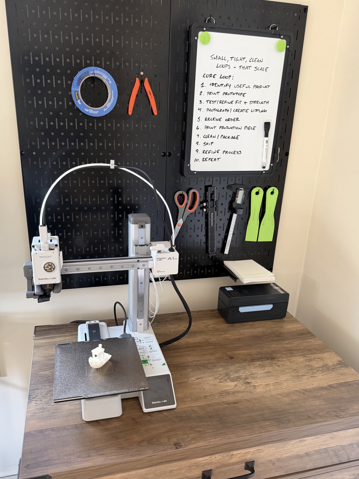 Widget Print Shop workstation with 3D printer and pegboard